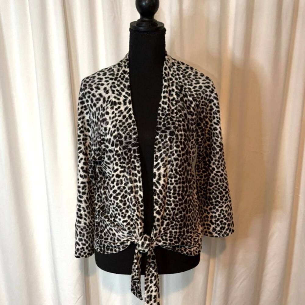 Chico’s Women's L/12-14 Cardigan Black & White Animal Print Open Tie-Front